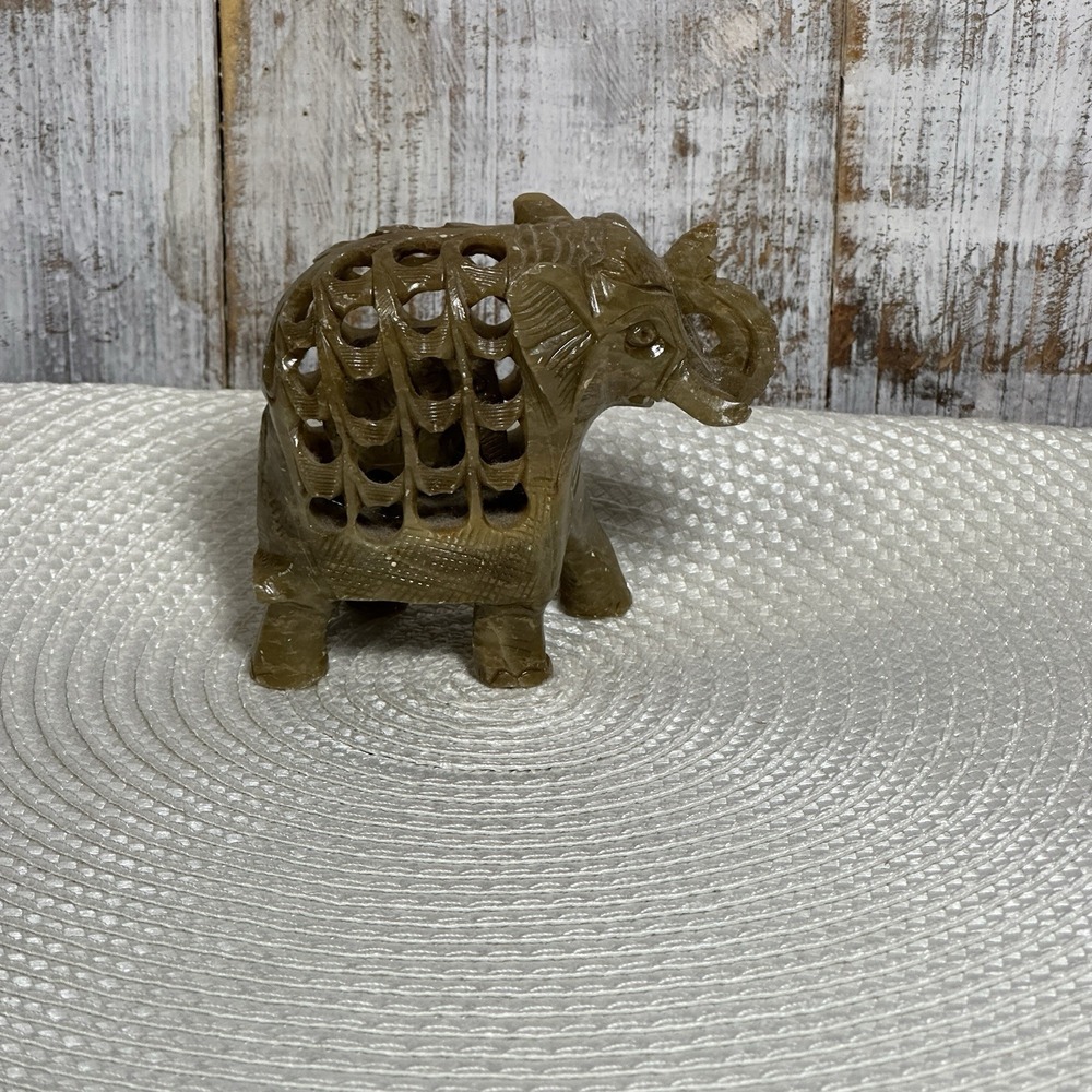 Vintage Hand Carved Soapstone, Mother with Baby Elephant Inside Figurine